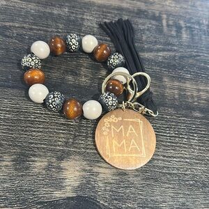 Mama Wooden Beaded Bracelet Keychain with Tassel & Thick Charm Brown Black